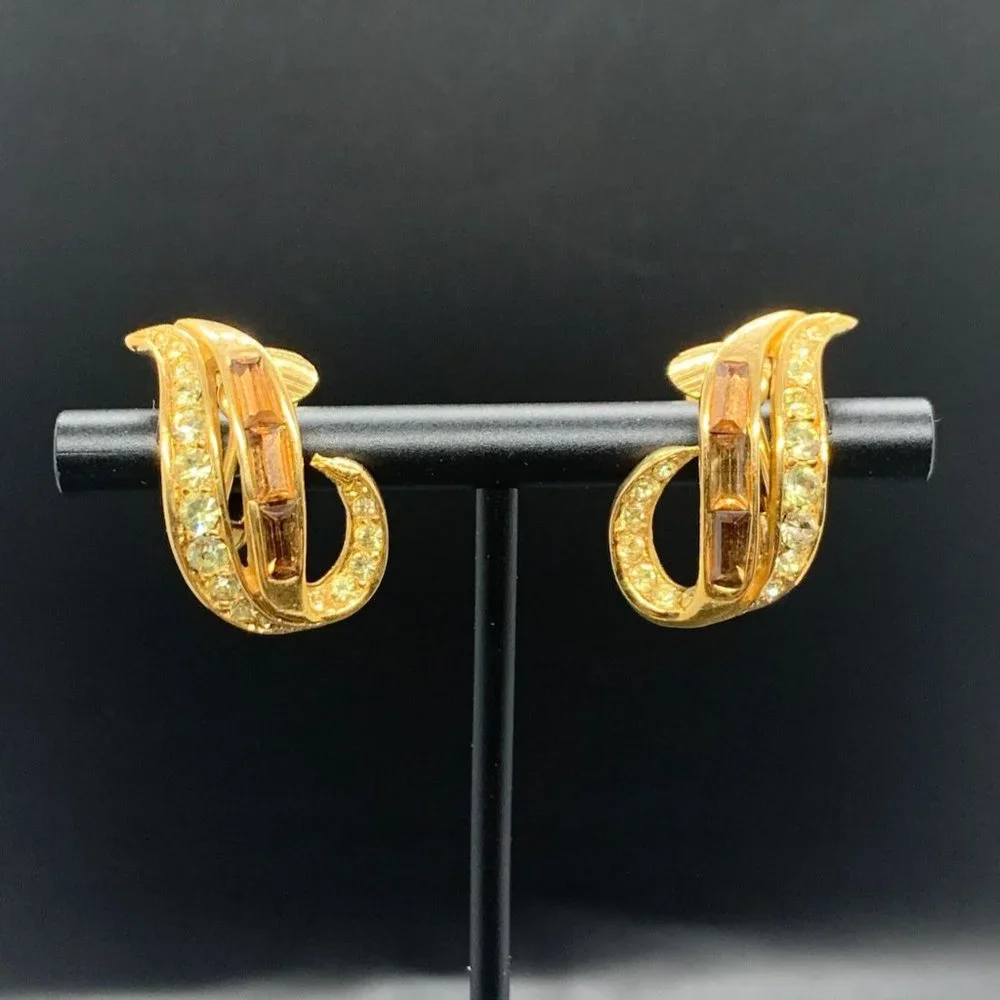 NOS D'Orlan Vintage Gold Plated Brown Crystal Baguette Clip On Earrings 1" - Picture 2 of 5